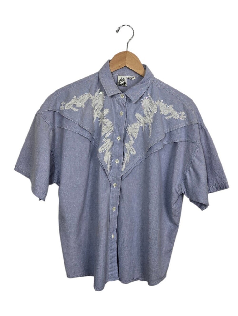 Vintage At Last & Company Chambray Applique Beaded Sequin Short Sleeve Top Large